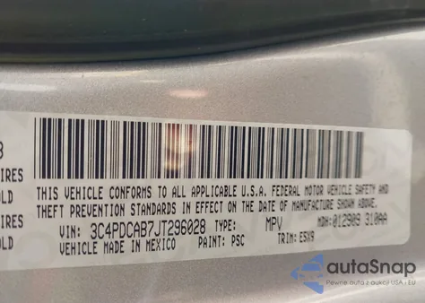 2018 Dodge Journey Se z USA, uszkodzony, nr VIN 3C4PDCAB7JT296028